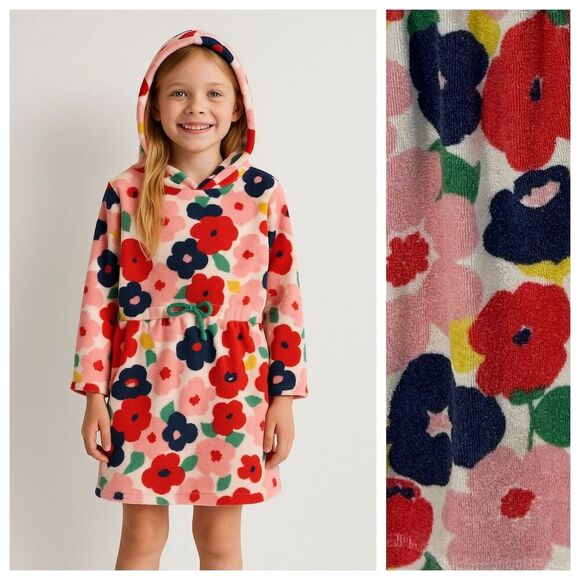 Mini Boden Girls Towelling Beach Dress Floral Hooded Swim Cover Up Size 7-8 - Picture 1 of 7
